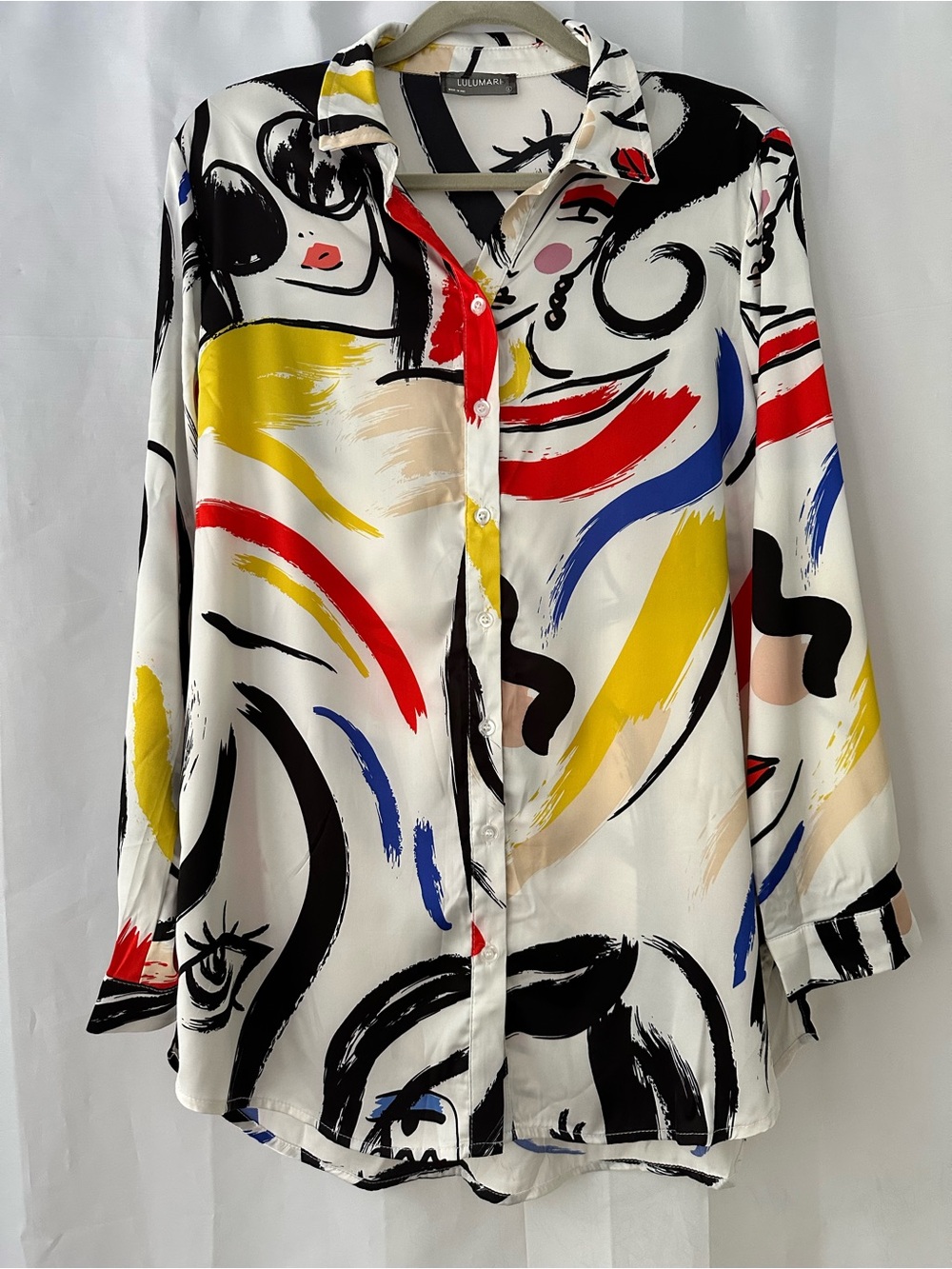 Abstract Face Graphic Print Button Up L Funky Bold Fun Contemporary Art Blouse